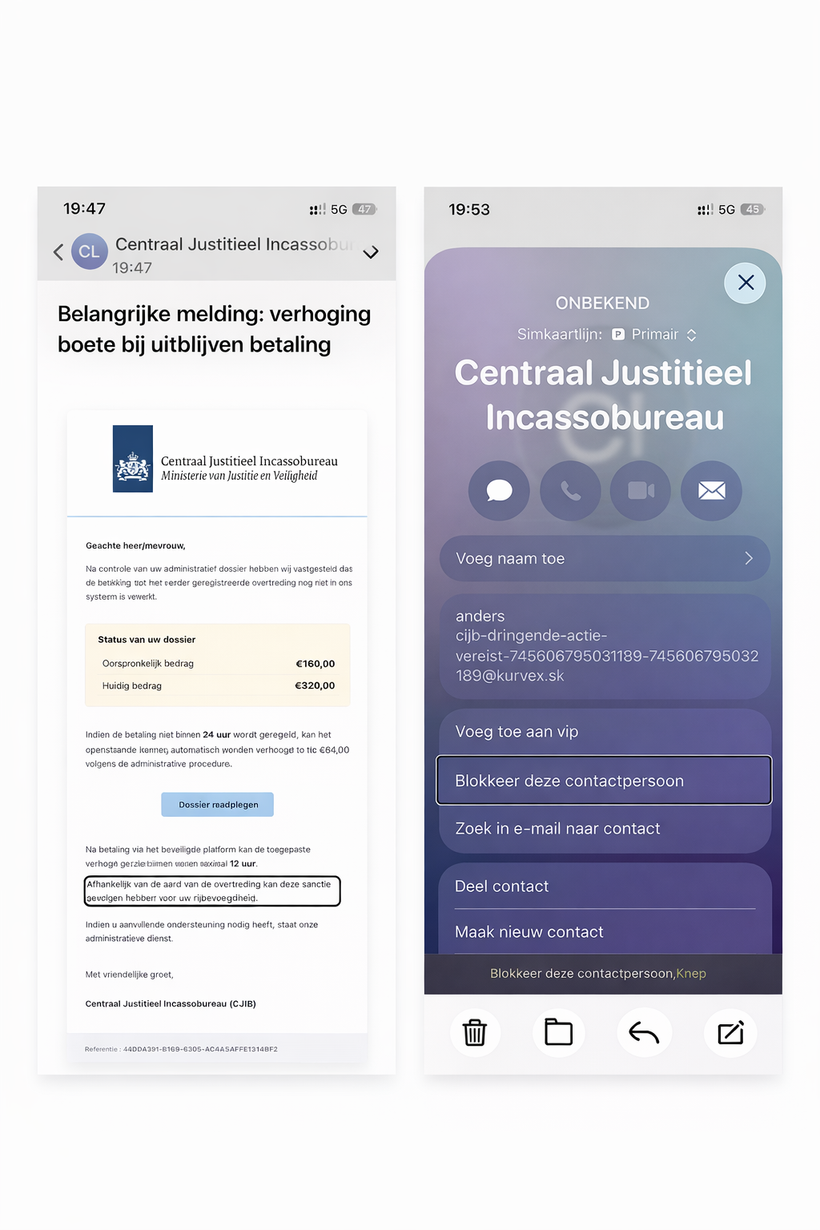 Een samengestelde afbeelding met twee smartphone-screenshots naast elkaar.

Links: een nep e-mail van “Centraal Justitieel Incassobureau” met als onderwerp “Belangrijke melding: verhoging boete bij uitblijven betaling”. In de e-mail staat het CJIB-logo en “Ministerie van Justitie en Veiligheid”. In een blok “Status van uw dossier” staat:
Oorspronkelijk bedrag €160,00
Huidig bedrag €320,00
Er staat ook een knop “Dossier raadplegen” en onderaan “Centraal Justitieel Incassobureau (CJIB)”.

Rechts: een iPhone-contact/oproepscherm met “ONBEKEND” en de naam “Centraal Justitieel Incassobureau”. Er staan knoppen voor bericht/telefoon/videobellen/mail. Onder “anders” staat een lange tekst met “cjb-dringende-actie-vereist-…” gevolgd door cijfers en een e-mailadres dat eindigt op “at kurvex dot sk”. In het menu staan opties zoals “Blokkeer deze contactpersoon”, “Zoek in e-mail naar contact”, “Deel contact” en “Maak nieuw contact”.